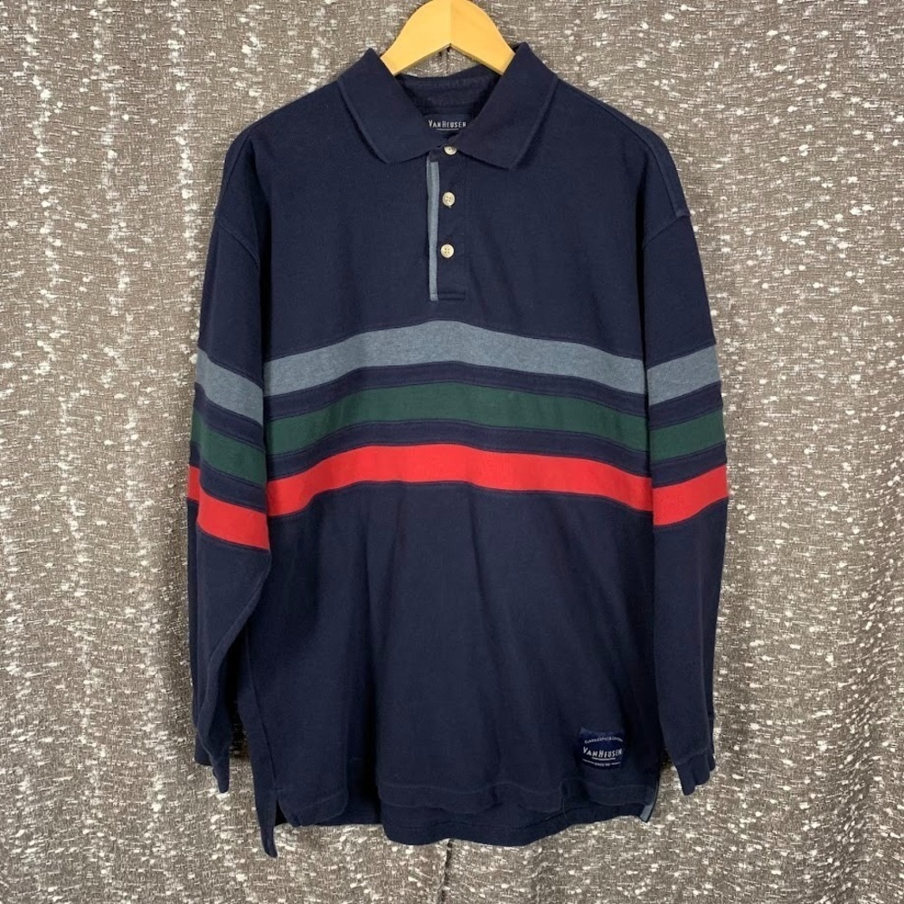 Vintage Van Heusen Rugby Shirt Blue Color Block Striped Men's Large